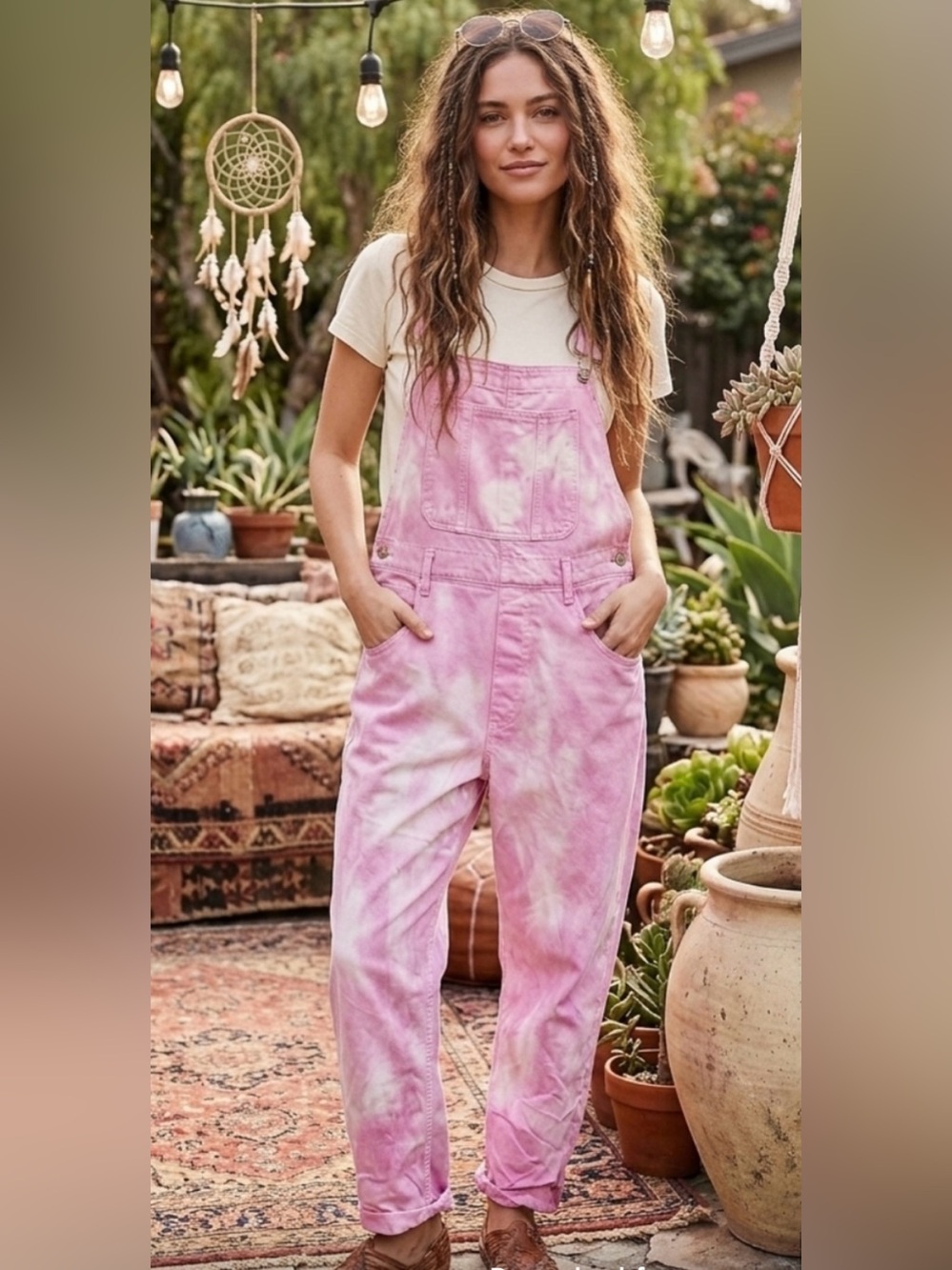 Free People Pink Tie-Dye Denim Overalls